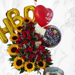 Arreglo rosas y girasoles con torta #026
