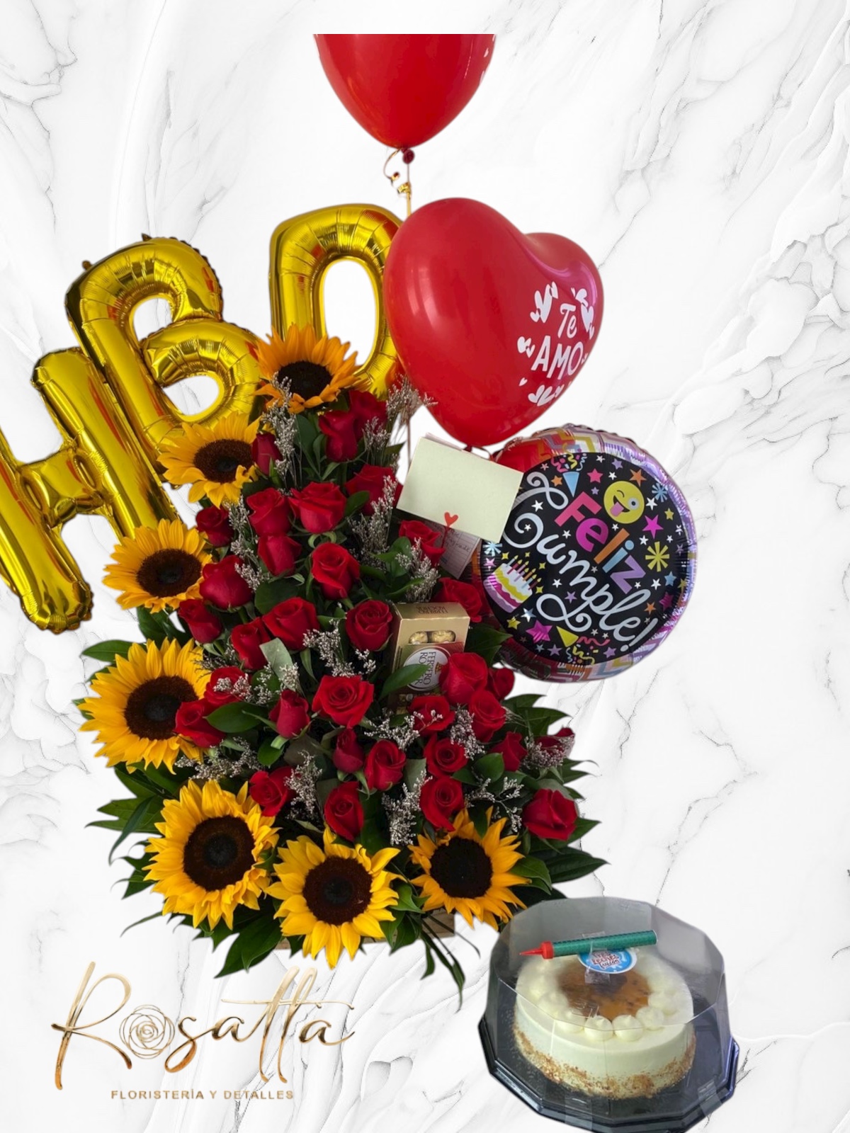 .Arreglo rosas y girasoles con torta #026